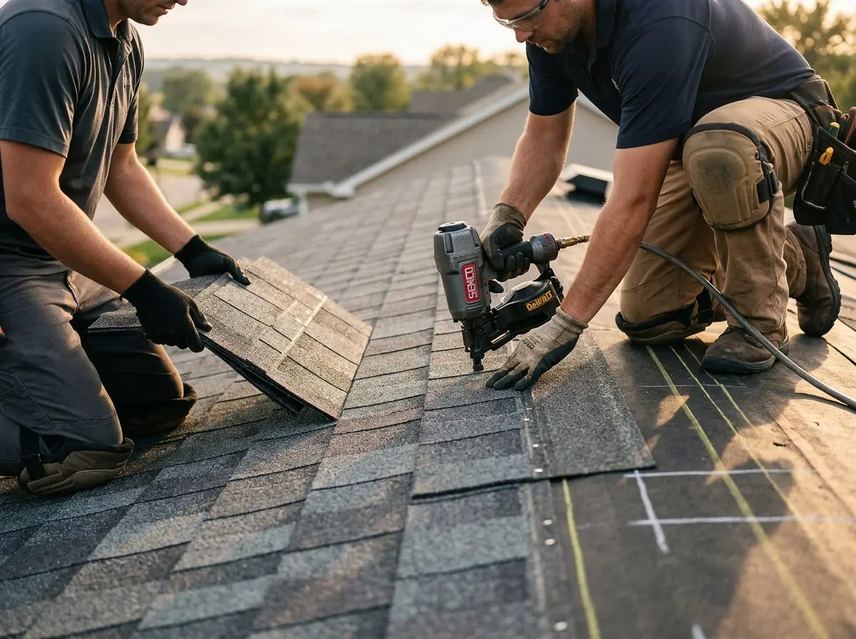 Professional roofer working on a residential roof in Bridgetown